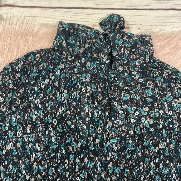 Zara Floral Blue Black Floral Tie Neck Pleated Plisse Mini Dress - Picture 8 of 11